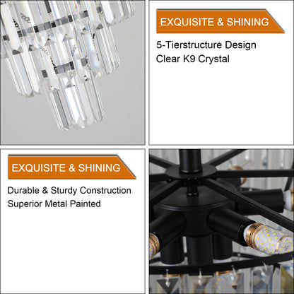 20" Black Crystal Chandelier Ceiling Light, Modern Luxury 10-Light Flush Mount Light Fixture, Elegant Home Lighting for Living Room, Dining Room, Bedroom (No Bulbs)