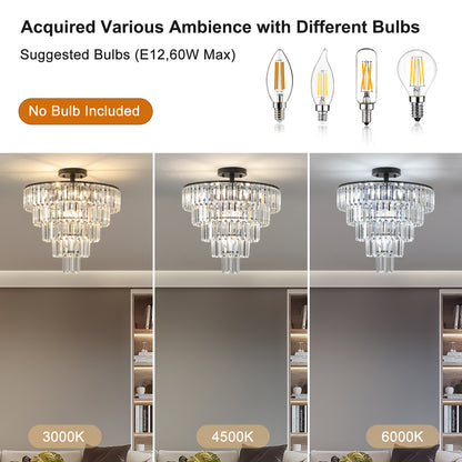 20" Black Crystal Chandelier Ceiling Light, Modern Luxury 10-Light Flush Mount Light Fixture, Elegant Home Lighting for Living Room, Dining Room, Bedroom (No Bulbs)