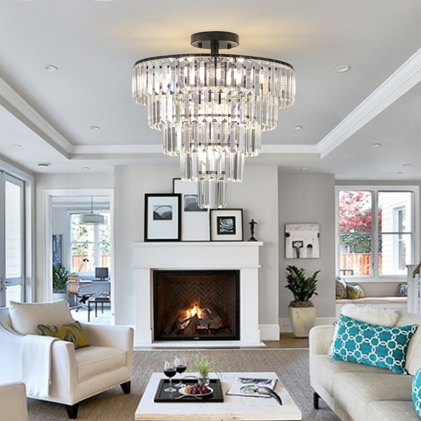 20" Black Crystal Chandelier Ceiling Light, Modern Luxury 10-Light Flush Mount Light Fixture, Elegant Home Lighting for Living Room, Dining Room, Bedroom (No Bulbs)
