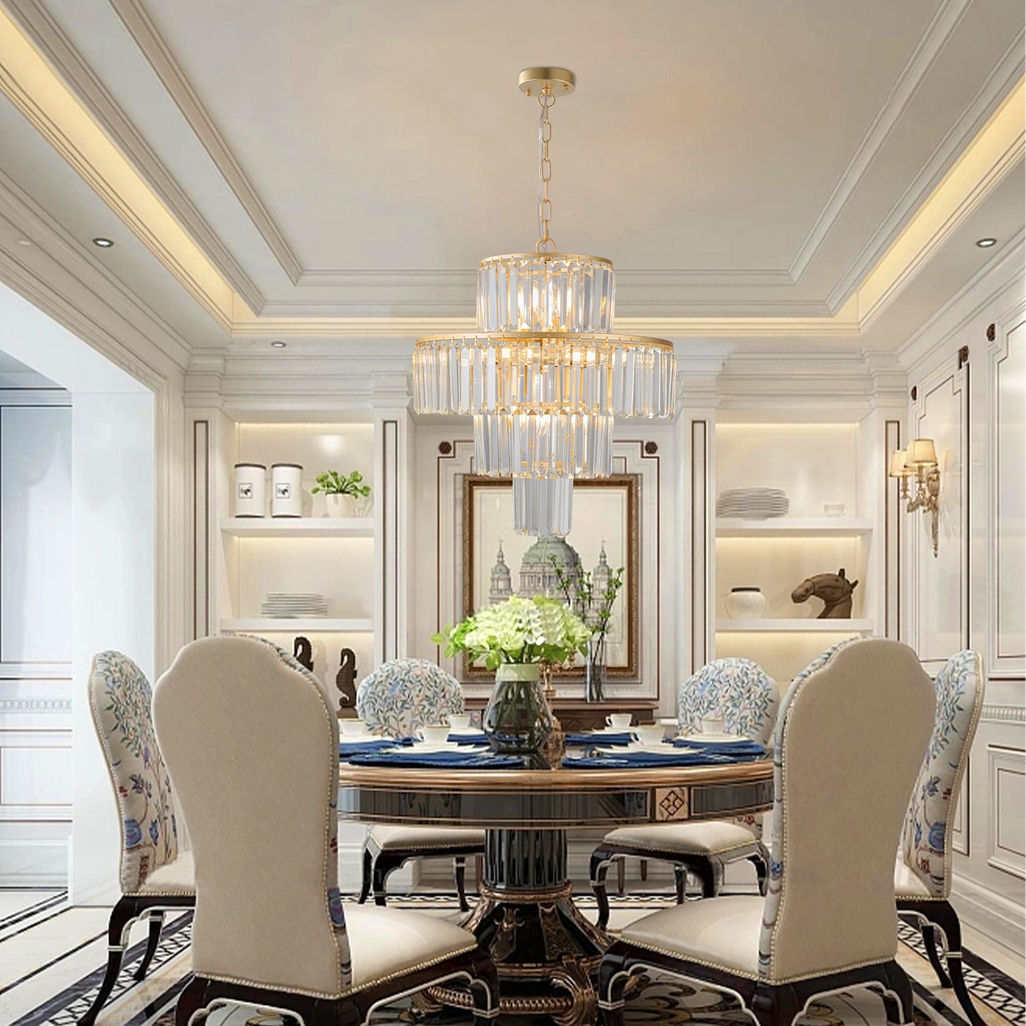 20" Luxury 4-Tier Crystal Chandelier, 12-Light Gold Frame Pendant Light, Elegant Ceiling Lighting for Living Room, Dining Room, Bedroom (No Bulbs)