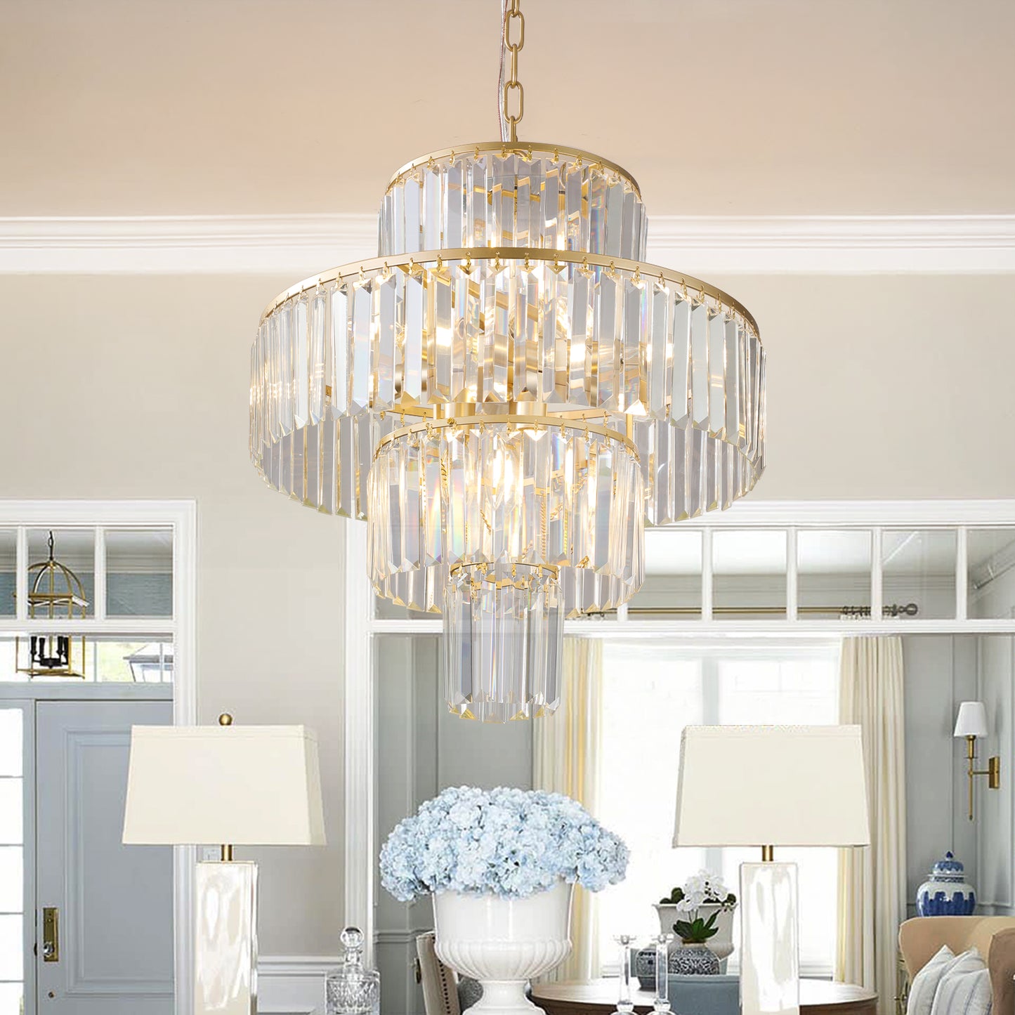 20" Luxury 4-Tier Crystal Chandelier, 12-Light Gold Frame Pendant Light, Elegant Ceiling Lighting for Living Room, Dining Room, Bedroom (No Bulbs)