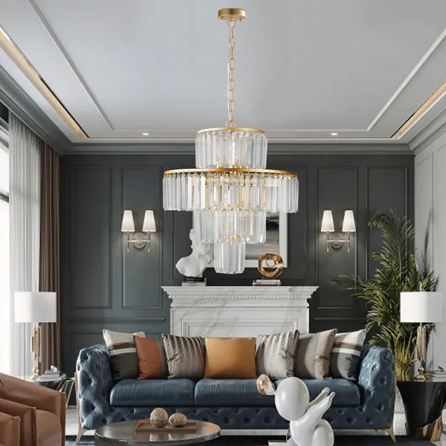 20" Luxury 4-Tier Crystal Chandelier, 12-Light Gold Frame Pendant Light, Elegant Ceiling Lighting for Living Room, Dining Room, Bedroom (No Bulbs)