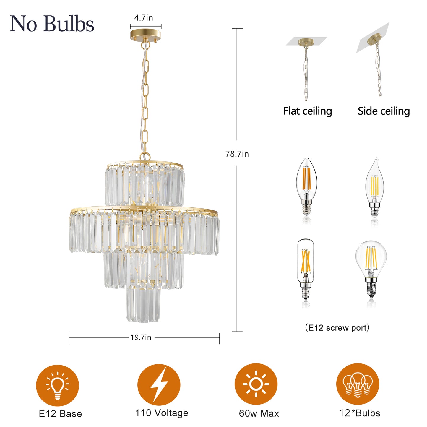 20" Luxury 4-Tier Crystal Chandelier, 12-Light Gold Frame Pendant Light, Elegant Ceiling Lighting for Living Room, Dining Room, Bedroom (No Bulbs)
