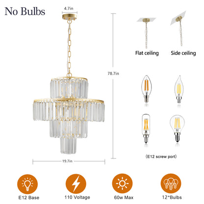 20" Luxury 4-Tier Crystal Chandelier, 12-Light Gold Frame Pendant Light, Elegant Ceiling Lighting for Living Room, Dining Room, Bedroom (No Bulbs)
