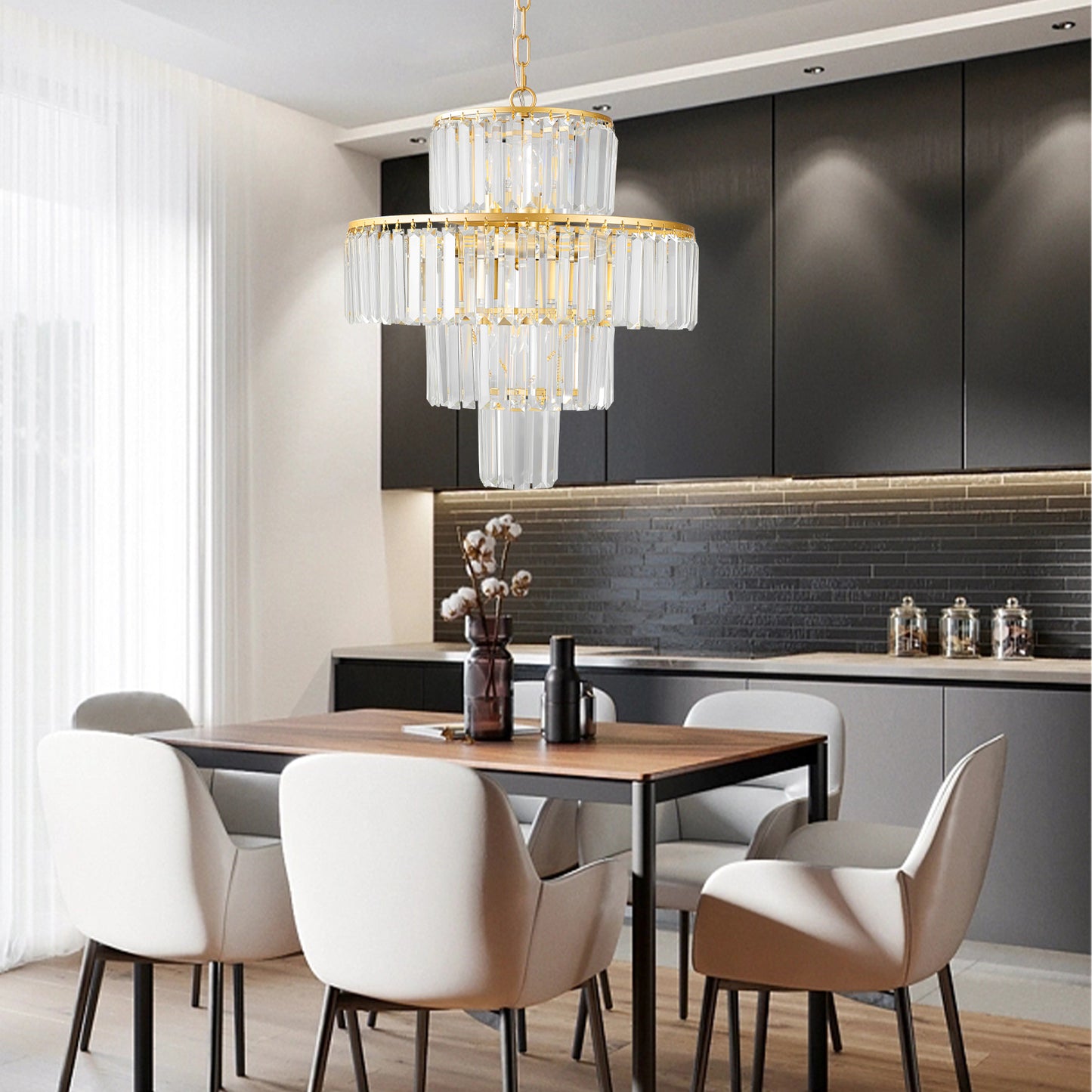 20" Luxury 4-Tier Crystal Chandelier, 12-Light Gold Frame Pendant Light, Elegant Ceiling Lighting for Living Room, Dining Room, Bedroom (No Bulbs)