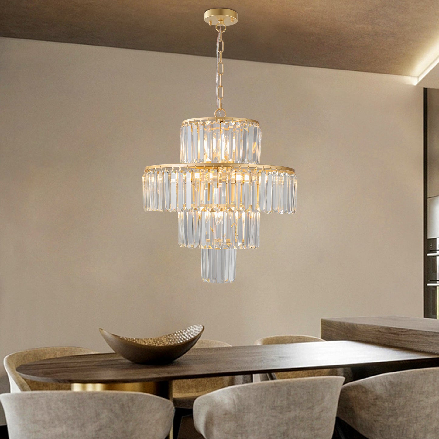20" Luxury 4-Tier Crystal Chandelier, 12-Light Gold Frame Pendant Light, Elegant Ceiling Lighting for Living Room, Dining Room, Bedroom (No Bulbs)