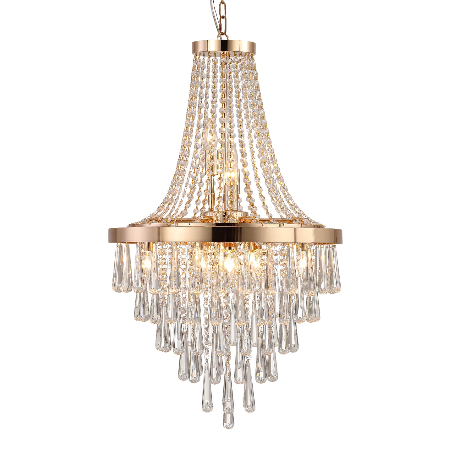 20" Modern Crystal Pendant Chandelier with Golden Finish – Elegant 11-Light Hanging Light Fixture Tiered Design for Dining Room, Living Room, or Entryway (No Bulbs)