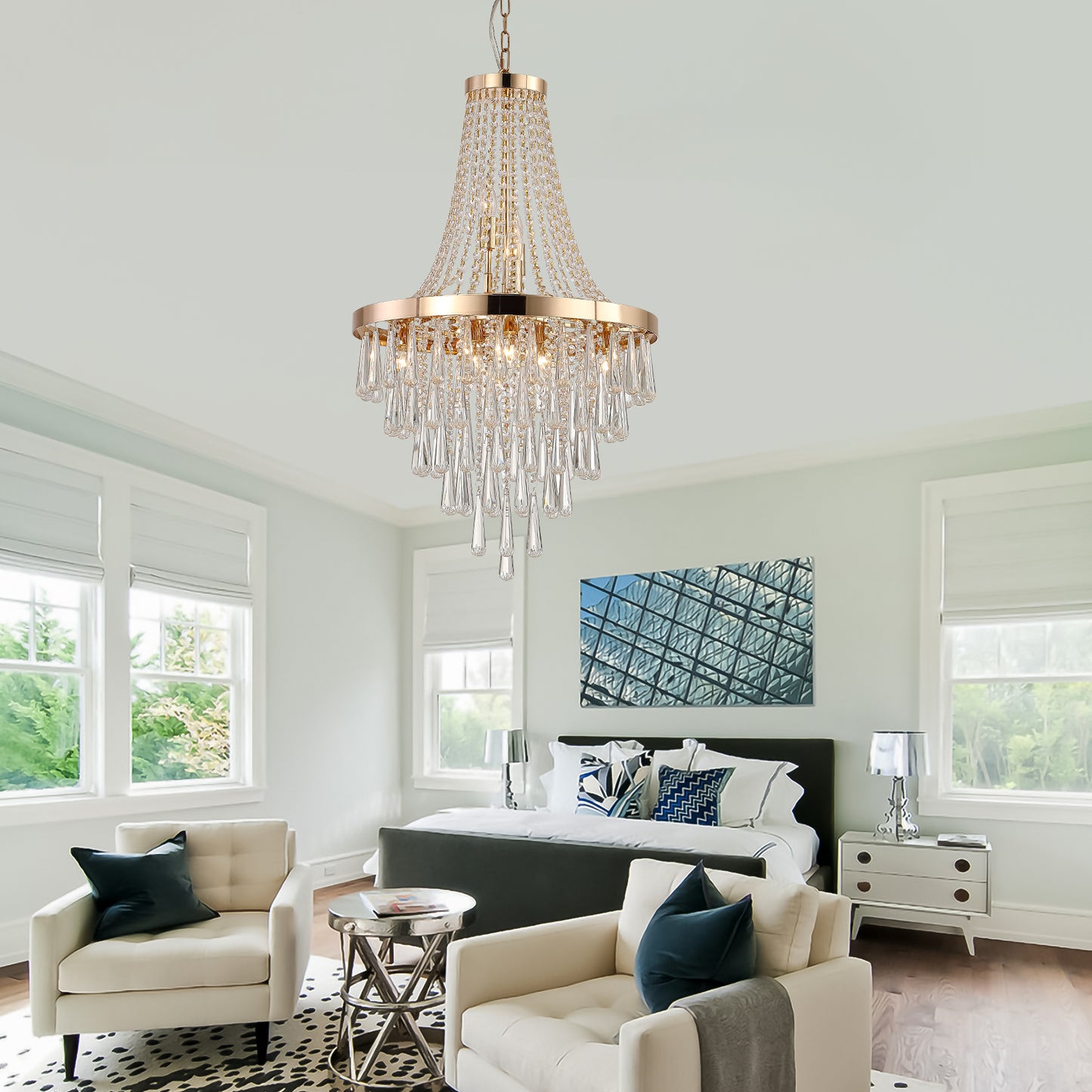 20" Modern Crystal Pendant Chandelier with Golden Finish – Elegant 11-Light Hanging Light Fixture Tiered Design for Dining Room, Living Room, or Entryway (No Bulbs)