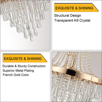 20" Modern Crystal Pendant Chandelier with Golden Finish – Elegant 11-Light Hanging Light Fixture Tiered Design for Dining Room, Living Room, or Entryway (No Bulbs)