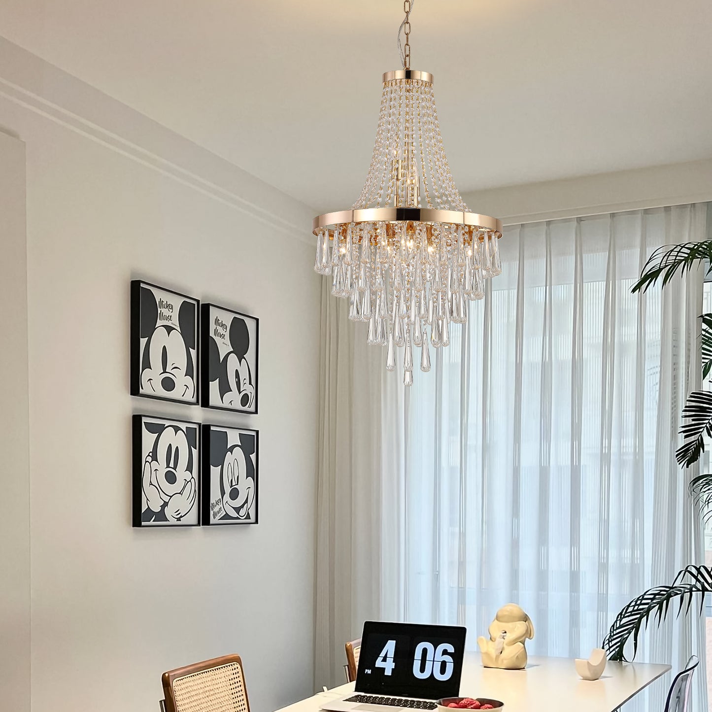 20" Modern Crystal Pendant Chandelier with Golden Finish – Elegant 11-Light Hanging Light Fixture Tiered Design for Dining Room, Living Room, or Entryway (No Bulbs)