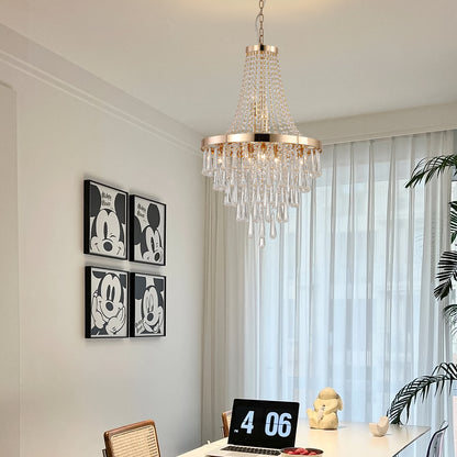 20" Modern Crystal Pendant Chandelier with Golden Finish – Elegant 11-Light Hanging Light Fixture Tiered Design for Dining Room, Living Room, or Entryway (No Bulbs)