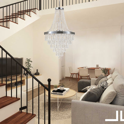 20" Chrome Crystal Chandelier with Adjustable Height, Modern Ceiling Light Fixture for Living Room, Dining Room, Staircase, 11-Light E12 Bulb Base (No Bulbs)