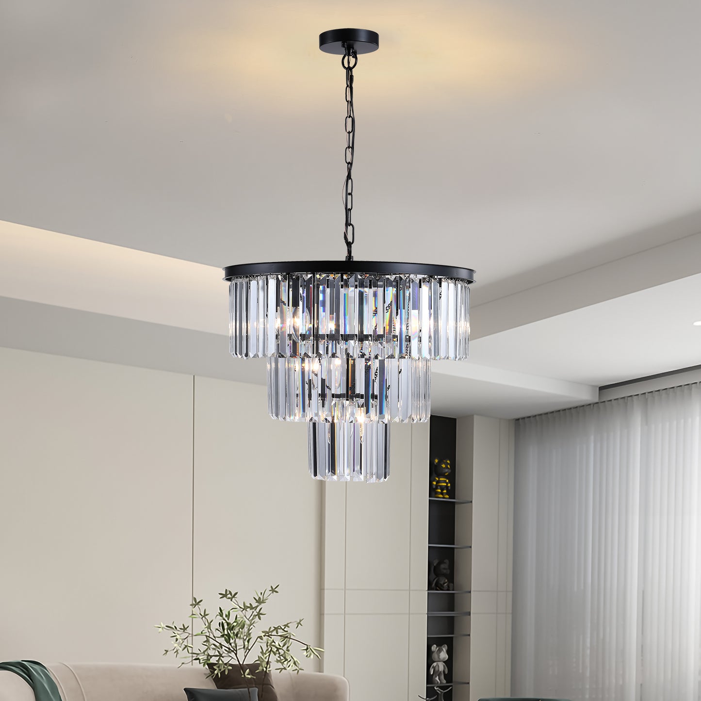 20" Luxury 3-Tier Crystal Chandelier, 7-Light Black Frame Pendant Light, Elegant Ceiling Lighting for Living Room, Dining Room, Bedroom (No Bulbs)