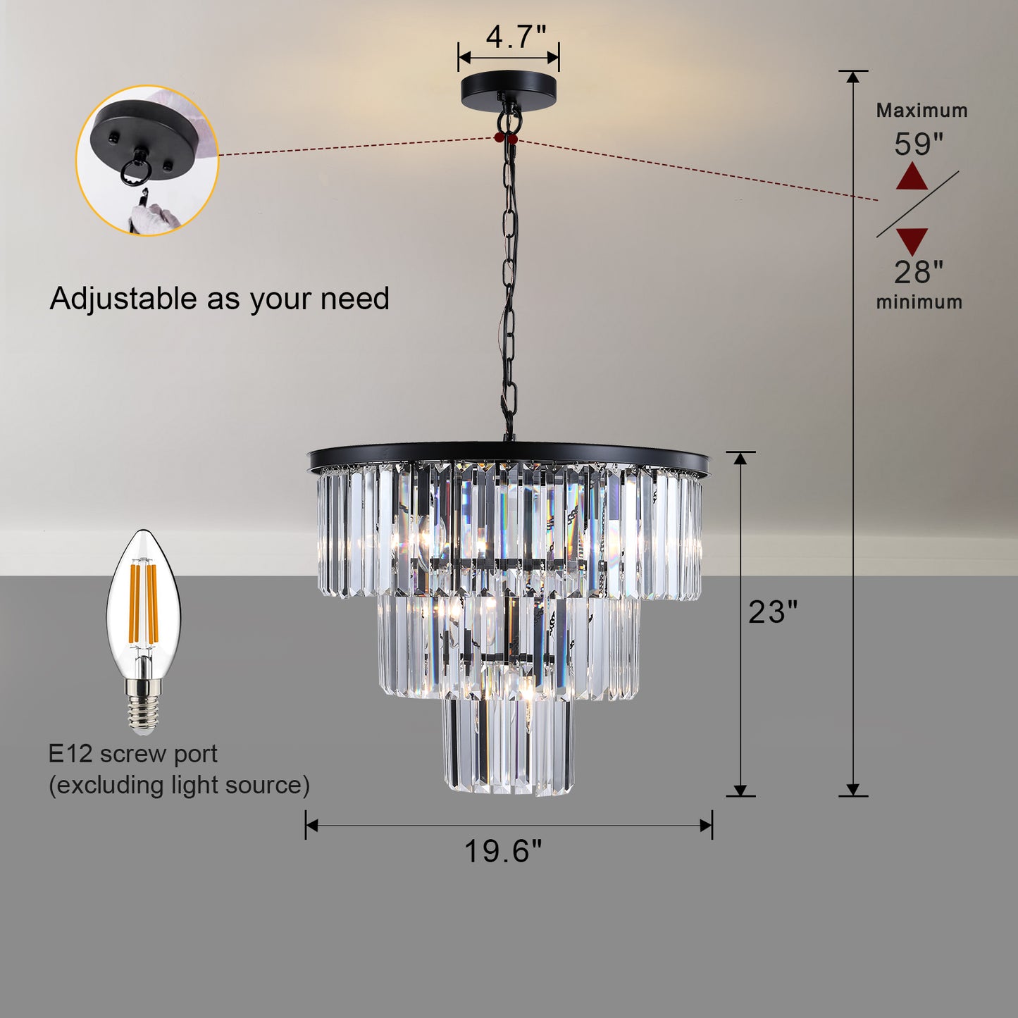 20" Luxury 3-Tier Crystal Chandelier, 7-Light Black Frame Pendant Light, Elegant Ceiling Lighting for Living Room, Dining Room, Bedroom (No Bulbs)