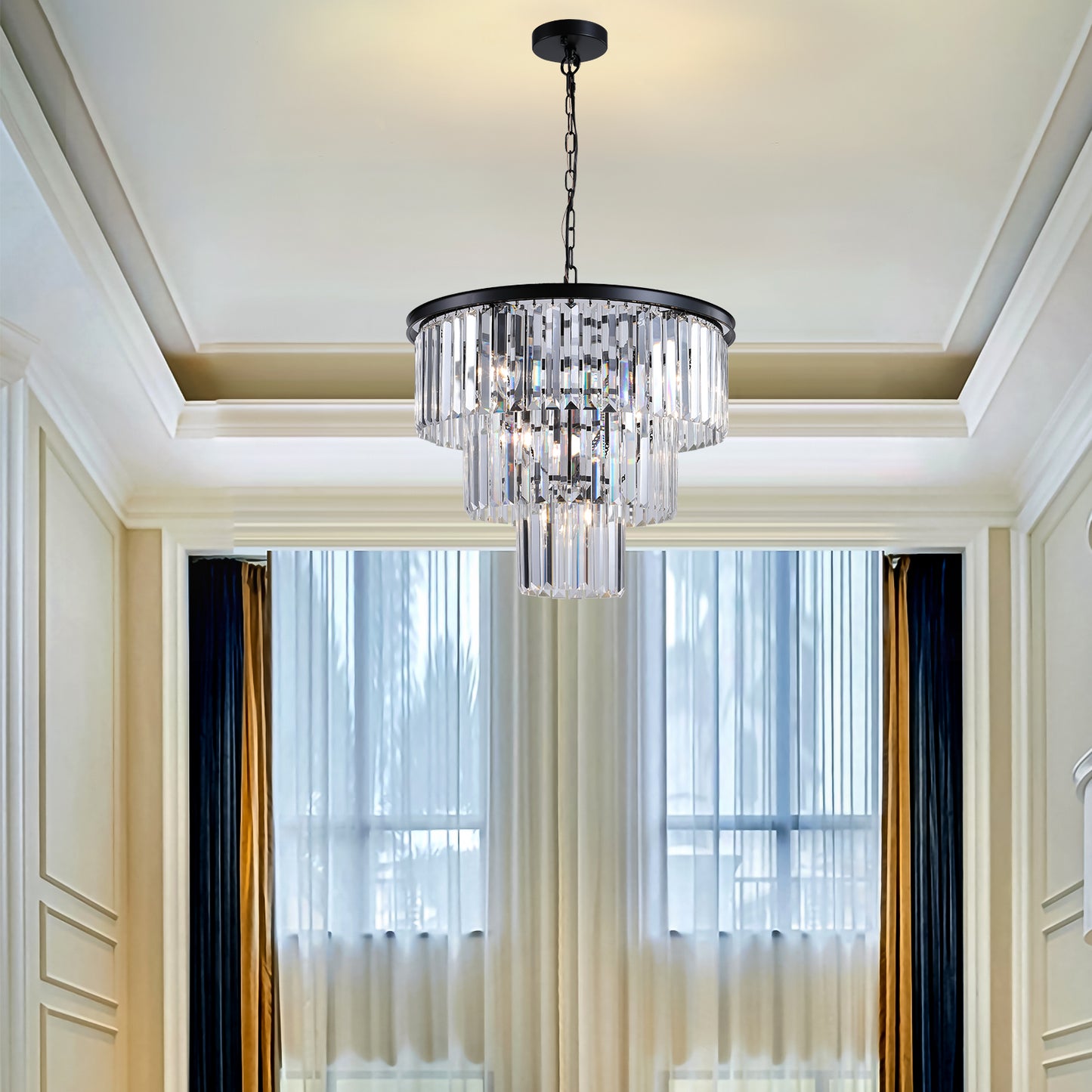 20" Luxury 3-Tier Crystal Chandelier, 7-Light Black Frame Pendant Light, Elegant Ceiling Lighting for Living Room, Dining Room, Bedroom (No Bulbs)
