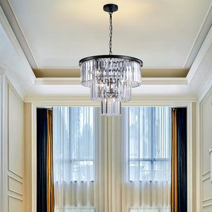 20" Luxury 3-Tier Crystal Chandelier, 7-Light Black Frame Pendant Light, Elegant Ceiling Lighting for Living Room, Dining Room, Bedroom (No Bulbs)
