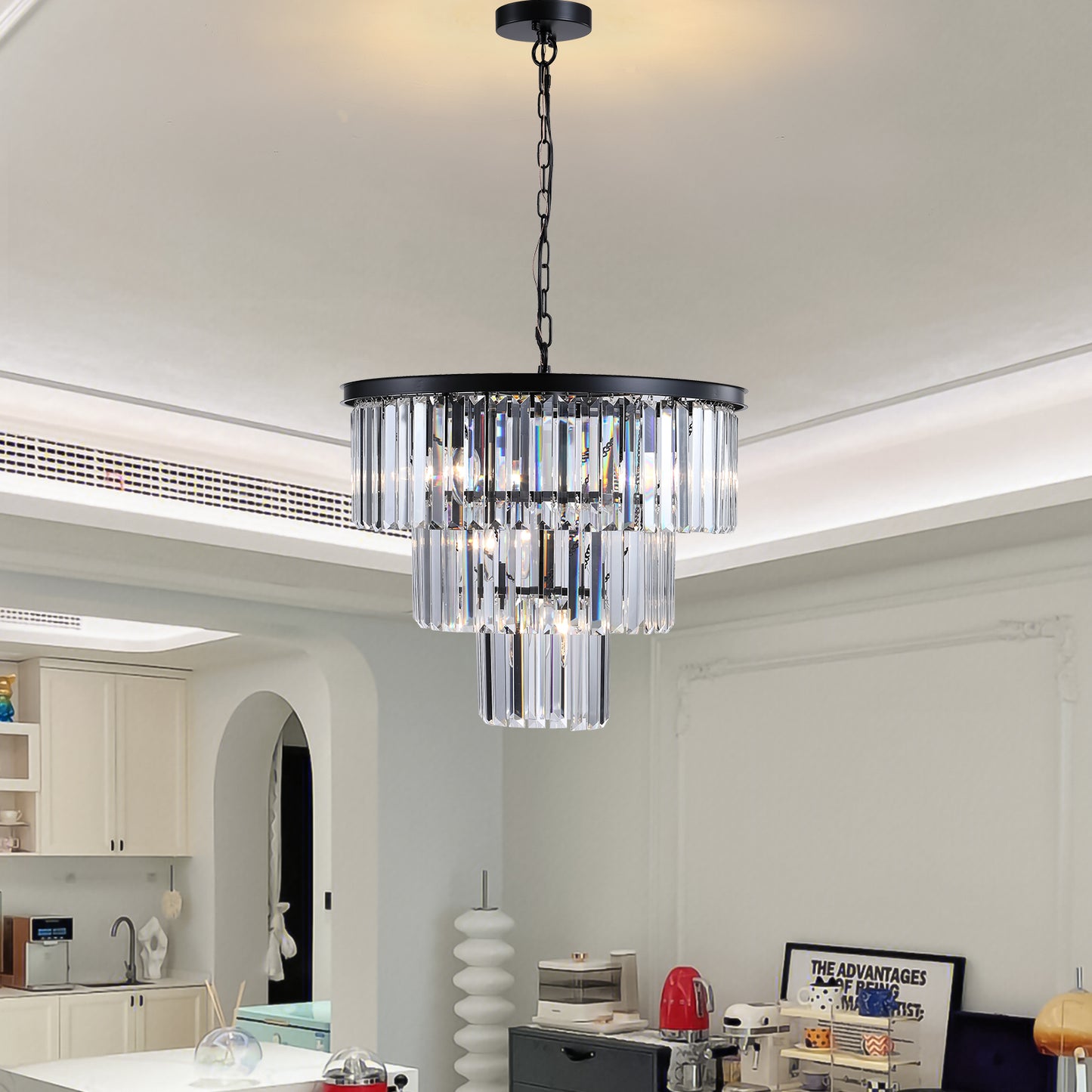 20" Luxury 3-Tier Crystal Chandelier, 7-Light Black Frame Pendant Light, Elegant Ceiling Lighting for Living Room, Dining Room, Bedroom (No Bulbs)