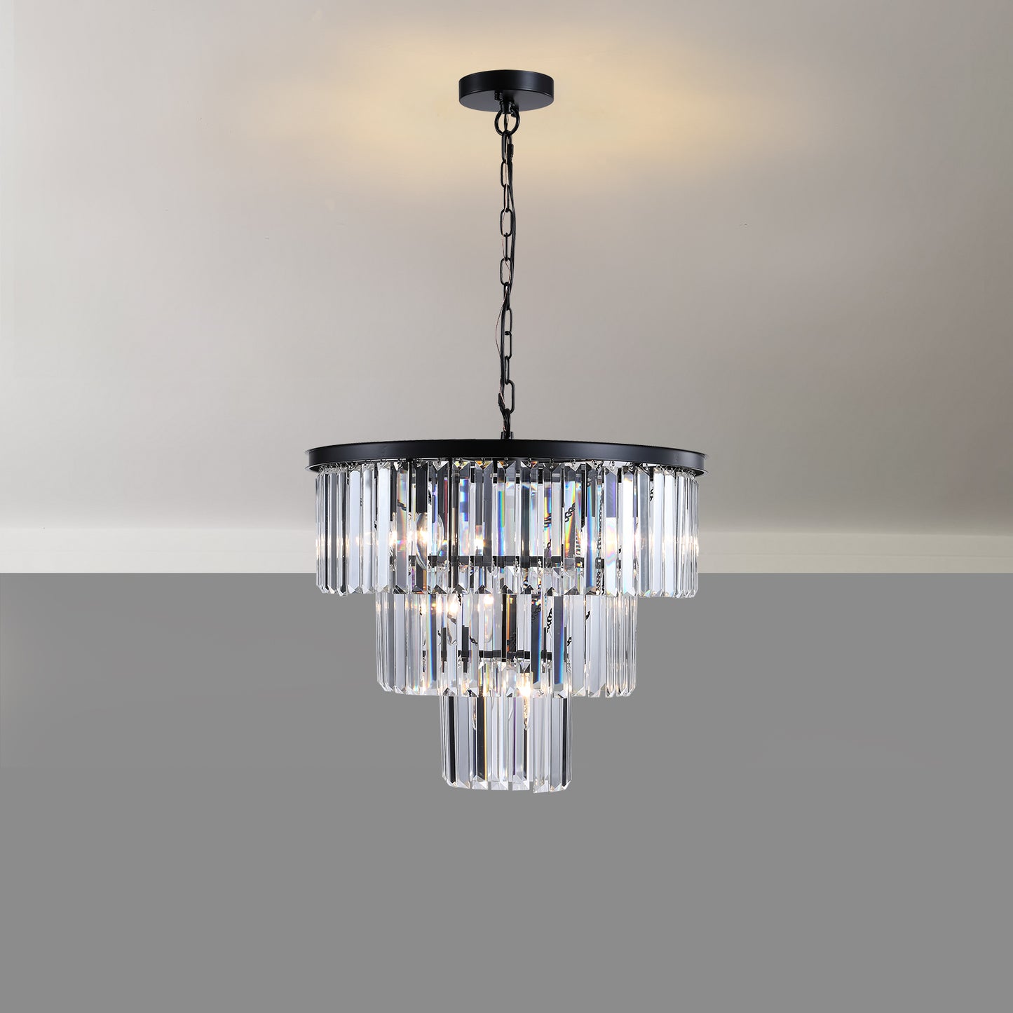 20" Luxury 3-Tier Crystal Chandelier, 7-Light Black Frame Pendant Light, Elegant Ceiling Lighting for Living Room, Dining Room, Bedroom (No Bulbs)