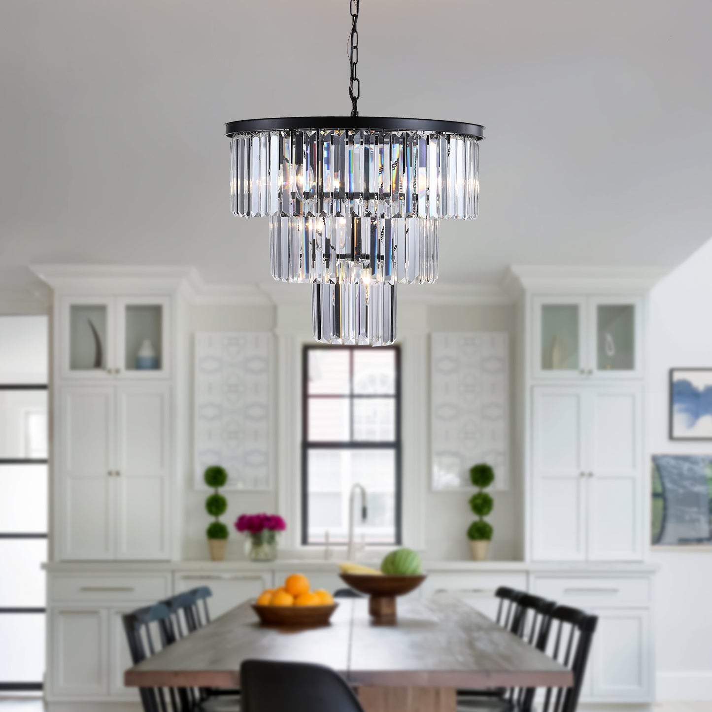20" Luxury 3-Tier Crystal Chandelier, 7-Light Black Frame Pendant Light, Elegant Ceiling Lighting for Living Room, Dining Room, Bedroom (No Bulbs)