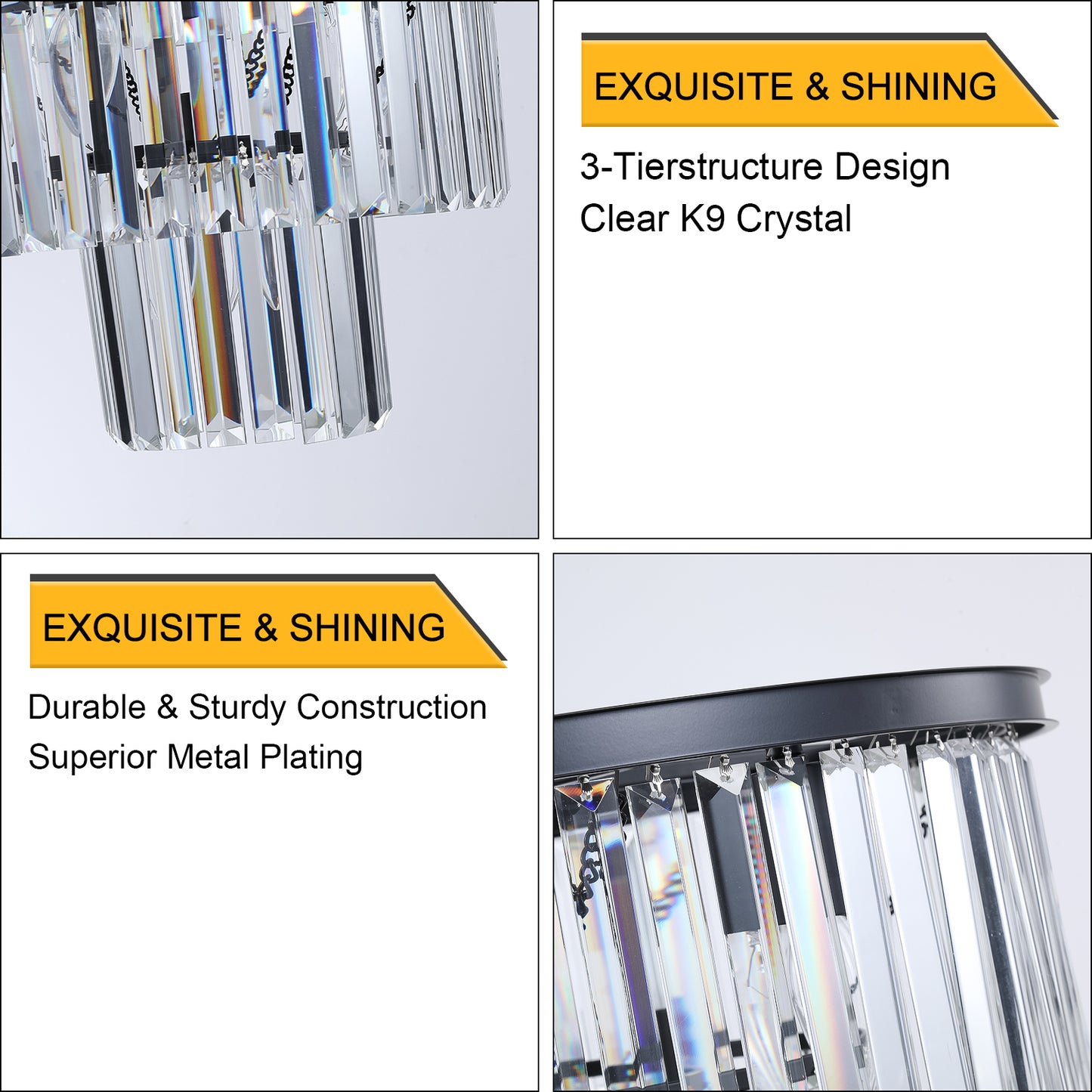 20" Luxury 3-Tier Crystal Chandelier, 7-Light Black Frame Pendant Light, Elegant Ceiling Lighting for Living Room, Dining Room, Bedroom (No Bulbs)