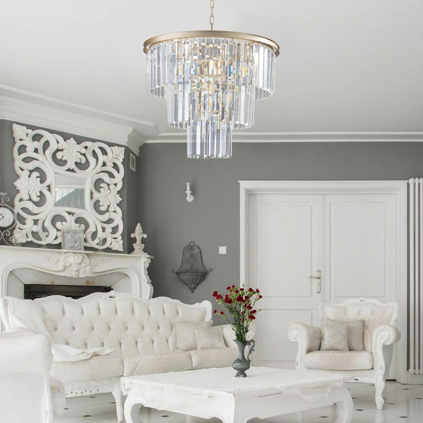 20" Luxury 3-Tier Crystal Chandelier, 7-Light Gold Frame Pendant Light, Elegant Ceiling Lighting for Living Room, Dining Room, Bedroom (No Bulbs)