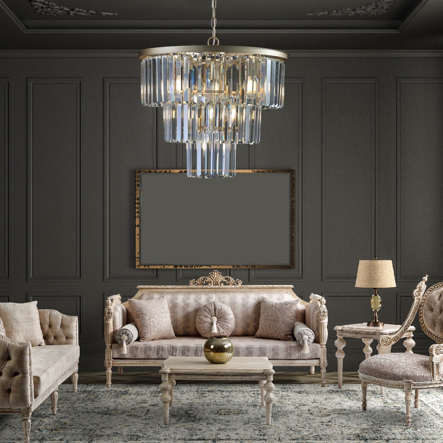 20" Luxury 3-Tier Crystal Chandelier, 7-Light Gold Frame Pendant Light, Elegant Ceiling Lighting for Living Room, Dining Room, Bedroom (No Bulbs)