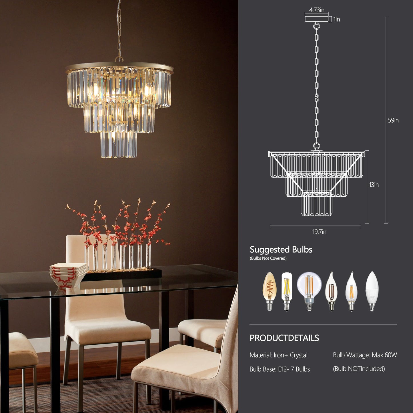 20" Luxury 3-Tier Crystal Chandelier, 7-Light Gold Frame Pendant Light, Elegant Ceiling Lighting for Living Room, Dining Room, Bedroom (No Bulbs)