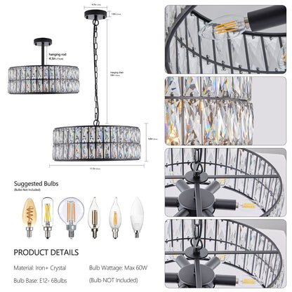 18" Black Modern Crystal Drum Chandelier, 6-Light Pendant Lighting Fixture with Metal Frame for Living Room, Dining Room, and Bedroom (Bulbs Not Included)