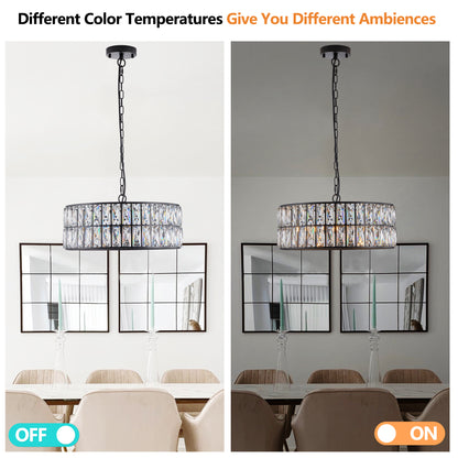 18" Black Modern Crystal Drum Chandelier, 6-Light Pendant Lighting Fixture with Metal Frame for Living Room, Dining Room, and Bedroom (Bulbs Not Included)