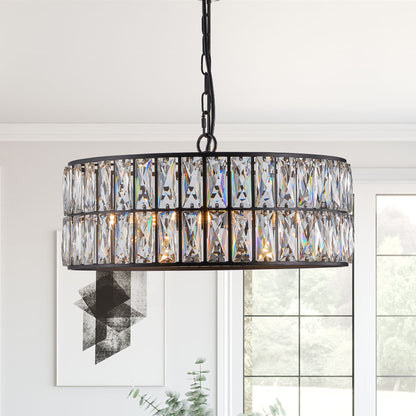 18" Black Modern Crystal Drum Chandelier, 6-Light Pendant Lighting Fixture with Metal Frame for Living Room, Dining Room, and Bedroom (Bulbs Not Included)