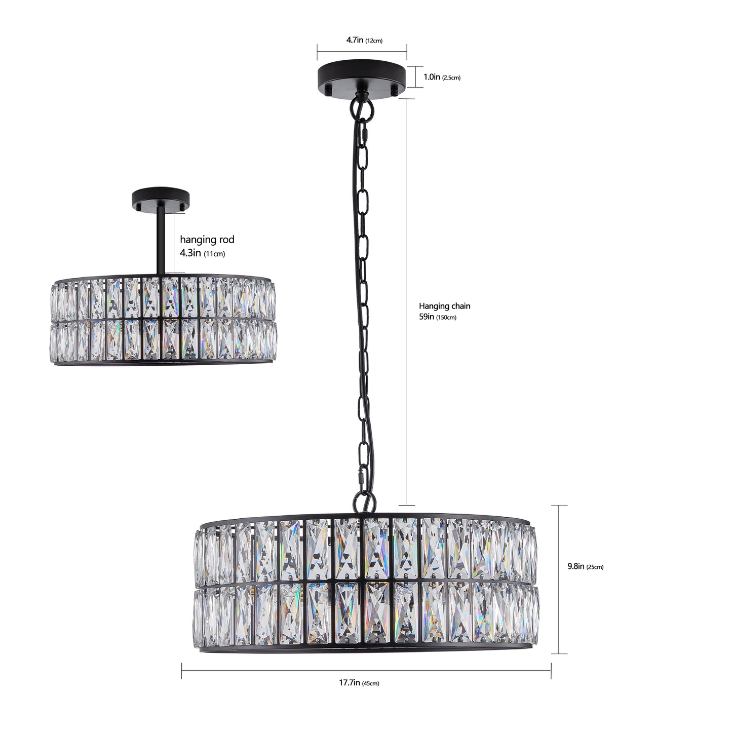 18" Black Modern Crystal Drum Chandelier, 6-Light Pendant Lighting Fixture with Metal Frame for Living Room, Dining Room, and Bedroom (Bulbs Not Included)