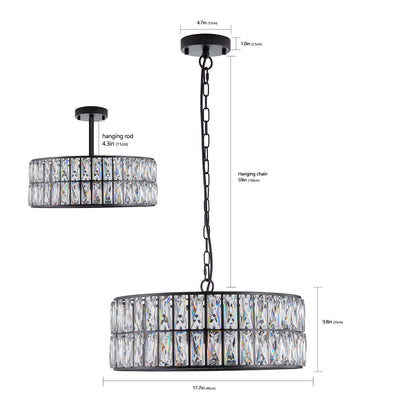 18" Black Modern Crystal Drum Chandelier, 6-Light Pendant Lighting Fixture with Metal Frame for Living Room, Dining Room, and Bedroom (Bulbs Not Included)