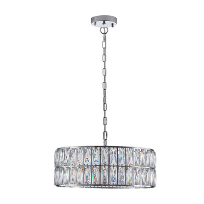 18" Chrome Modern Crystal Drum Chandelier, 6-Light Pendant Lighting Fixture with Metal Frame for Living Room, Dining Room, and Bedroom (Bulbs Not Included)