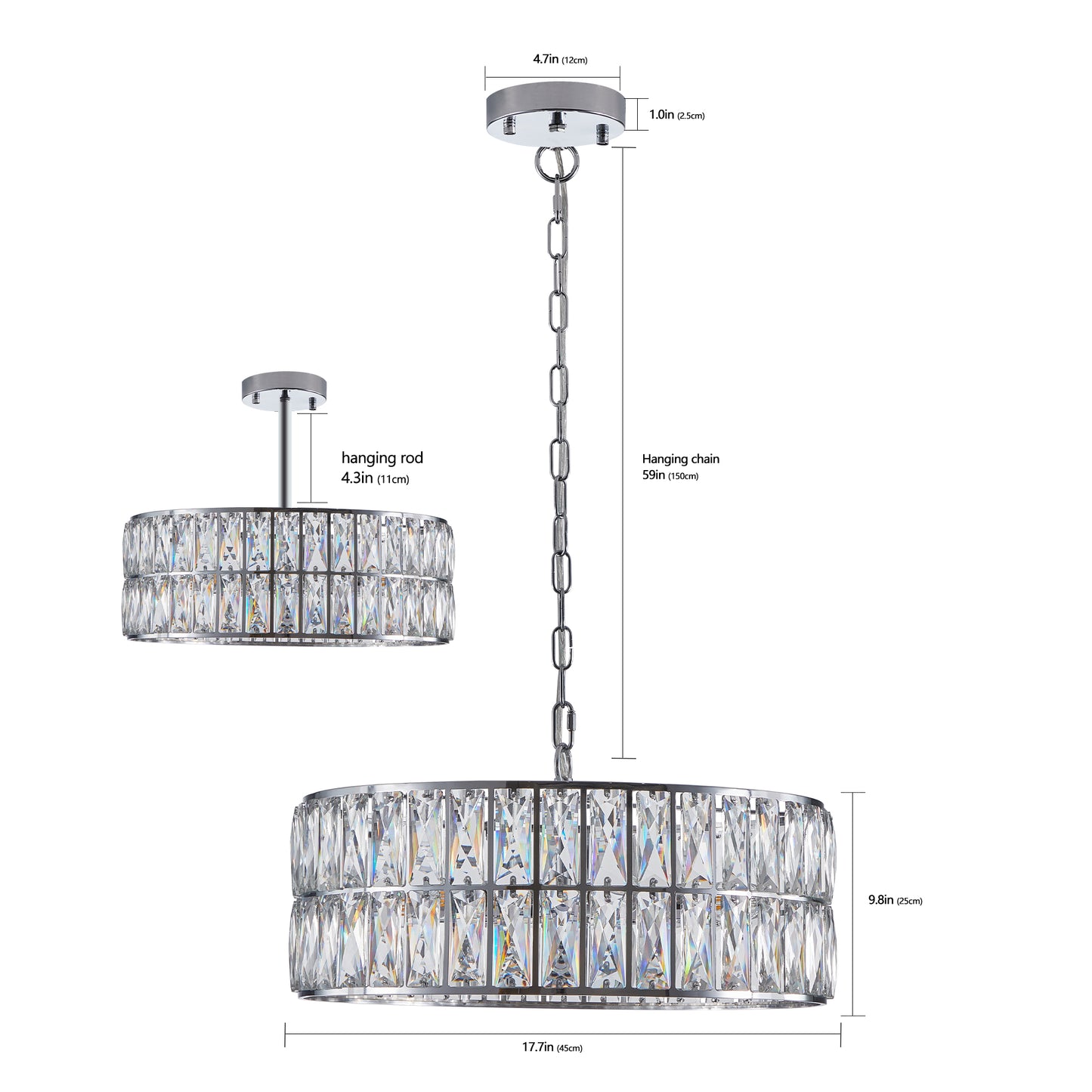 18" Chrome Modern Crystal Drum Chandelier, 6-Light Pendant Lighting Fixture with Metal Frame for Living Room, Dining Room, and Bedroom (Bulbs Not Included)