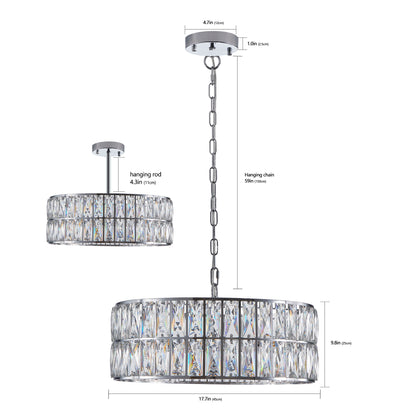 18" Chrome Modern Crystal Drum Chandelier, 6-Light Pendant Lighting Fixture with Metal Frame for Living Room, Dining Room, and Bedroom (Bulbs Not Included)