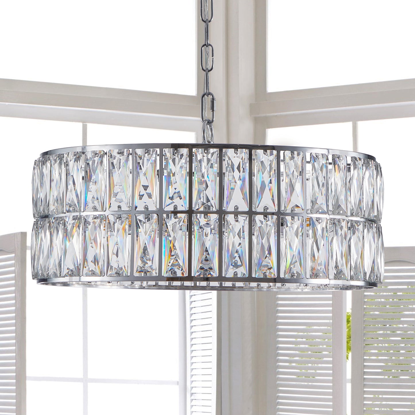 18" Chrome Modern Crystal Drum Chandelier, 6-Light Pendant Lighting Fixture with Metal Frame for Living Room, Dining Room, and Bedroom (Bulbs Not Included)