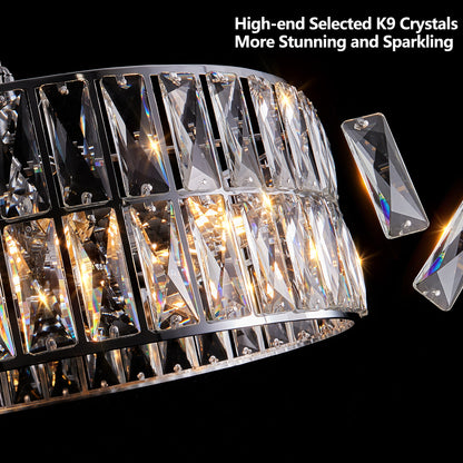 18" Chrome Modern Crystal Drum Chandelier, 6-Light Pendant Lighting Fixture with Metal Frame for Living Room, Dining Room, and Bedroom (Bulbs Not Included)