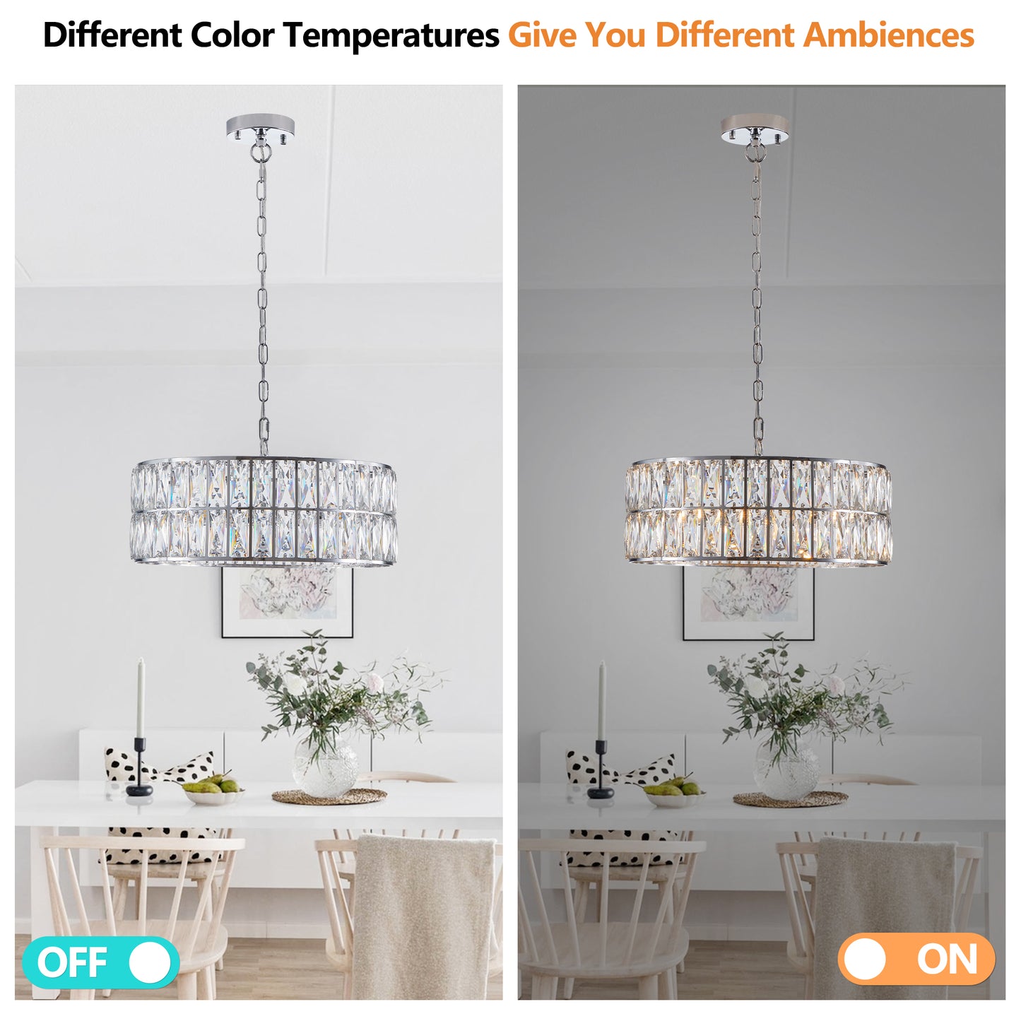 18" Chrome Modern Crystal Drum Chandelier, 6-Light Pendant Lighting Fixture with Metal Frame for Living Room, Dining Room, and Bedroom (Bulbs Not Included)
