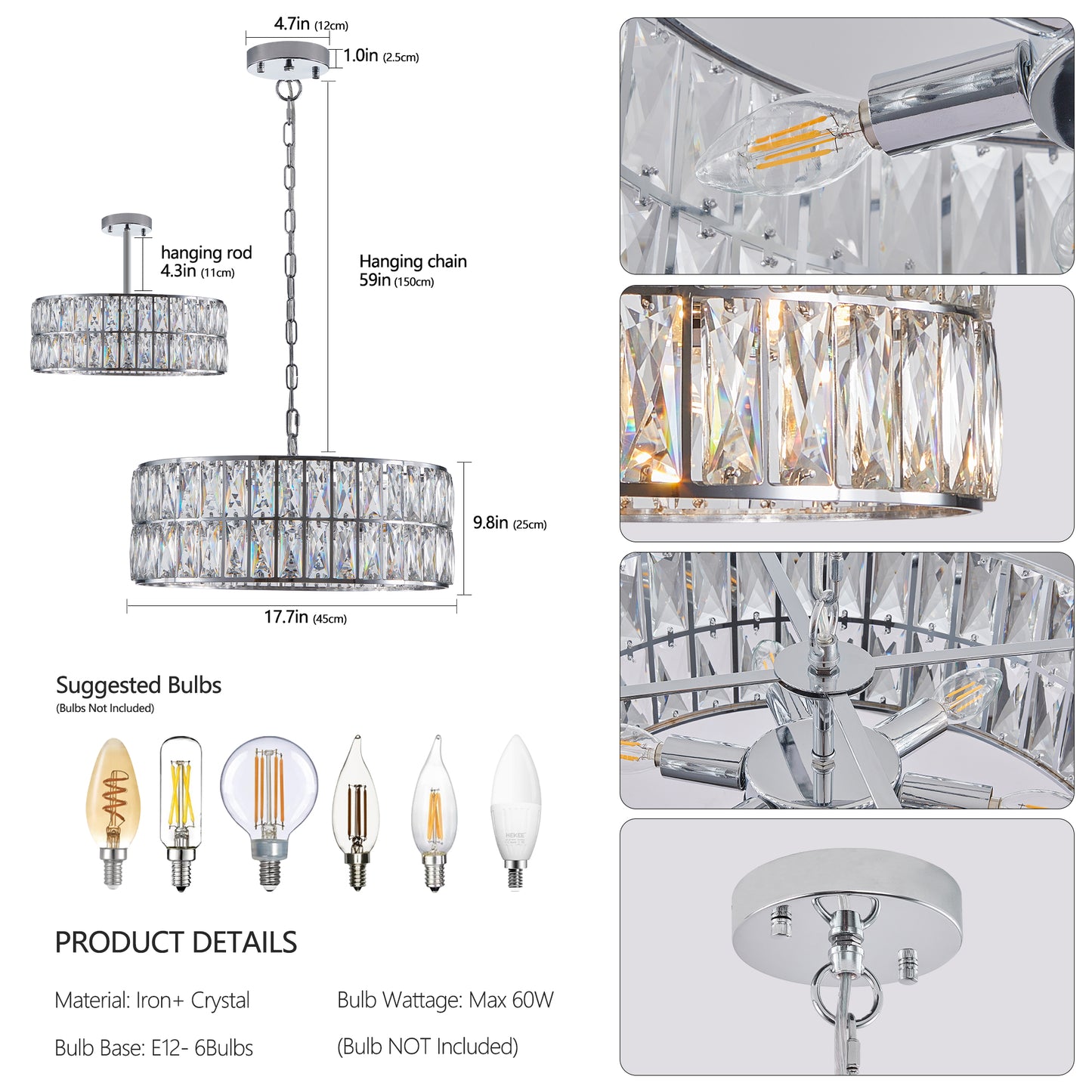 18" Chrome Modern Crystal Drum Chandelier, 6-Light Pendant Lighting Fixture with Metal Frame for Living Room, Dining Room, and Bedroom (Bulbs Not Included)