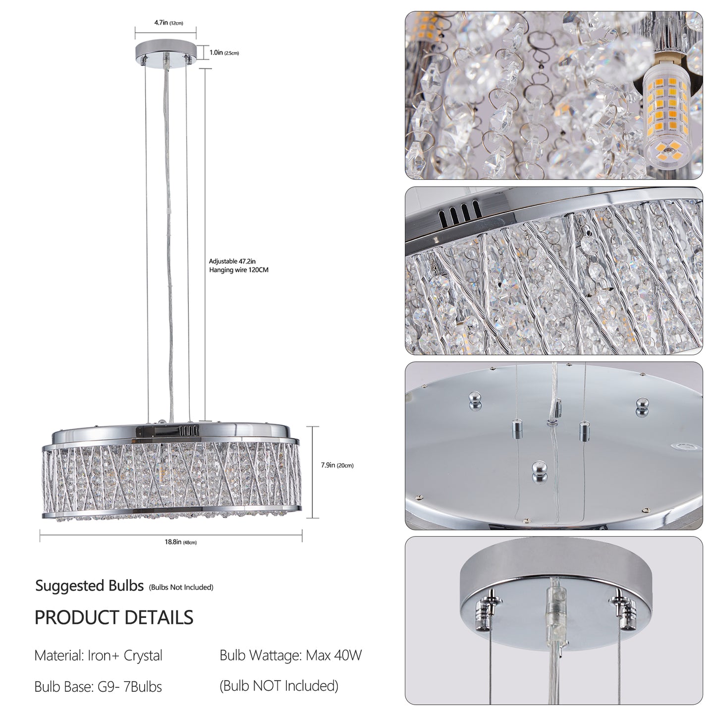 Modern Crystal Chandelier 19 Inches Aluminum+Iron Round Ceiling Light Flush Mount Ceiling Light Fixture for kitchen Island Dinning Bedrooms and Hallway (Bulb Not Included)