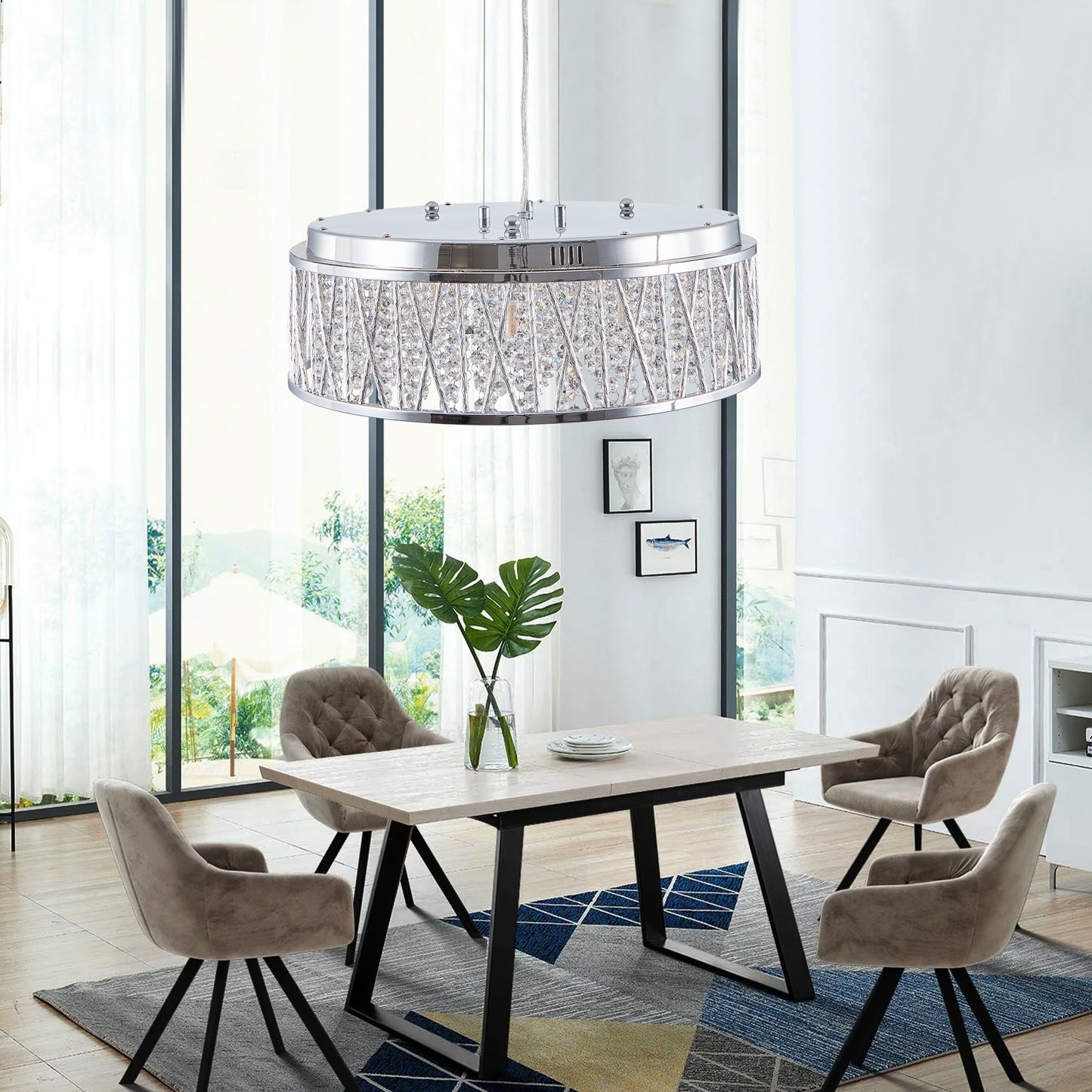 Modern Crystal Chandelier 19 Inches Aluminum+Iron Round Ceiling Light Flush Mount Ceiling Light Fixture for kitchen Island Dinning Bedrooms and Hallway (Bulb Not Included)