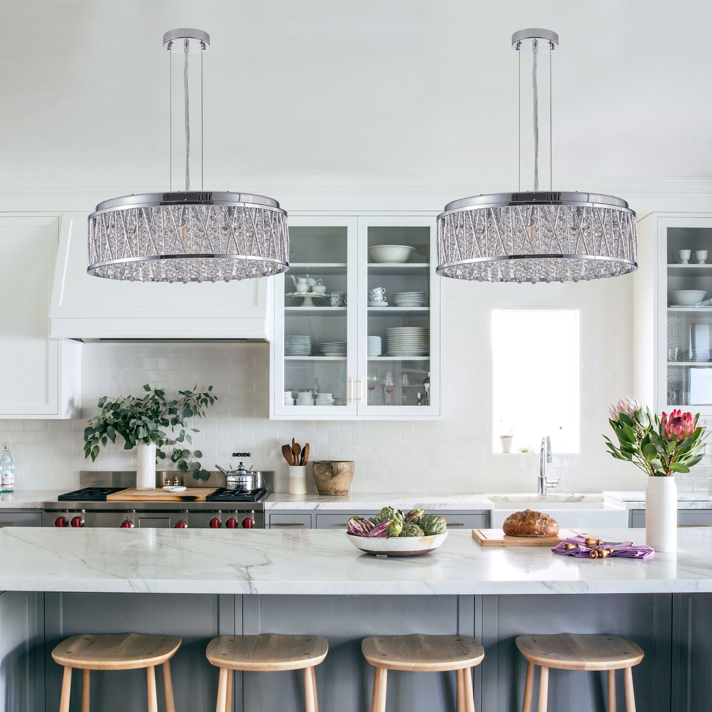 Modern Crystal Chandelier 19 Inches Aluminum+Iron Round Ceiling Light Flush Mount Ceiling Light Fixture for kitchen Island Dinning Bedrooms and Hallway (Bulb Not Included)