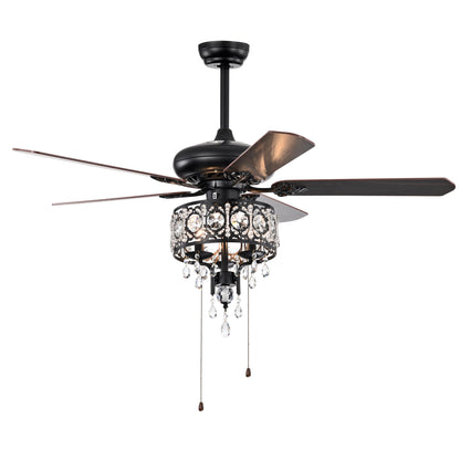 52'' Crystal Shade Ceiling Fan Lamp With Remote Control,3 Speed ,4 Timing , 5 Reversible Blades Crystal Ceiling Fan ,3PCS*E12 (NO Include Bulb) -- Hand Pull Chain