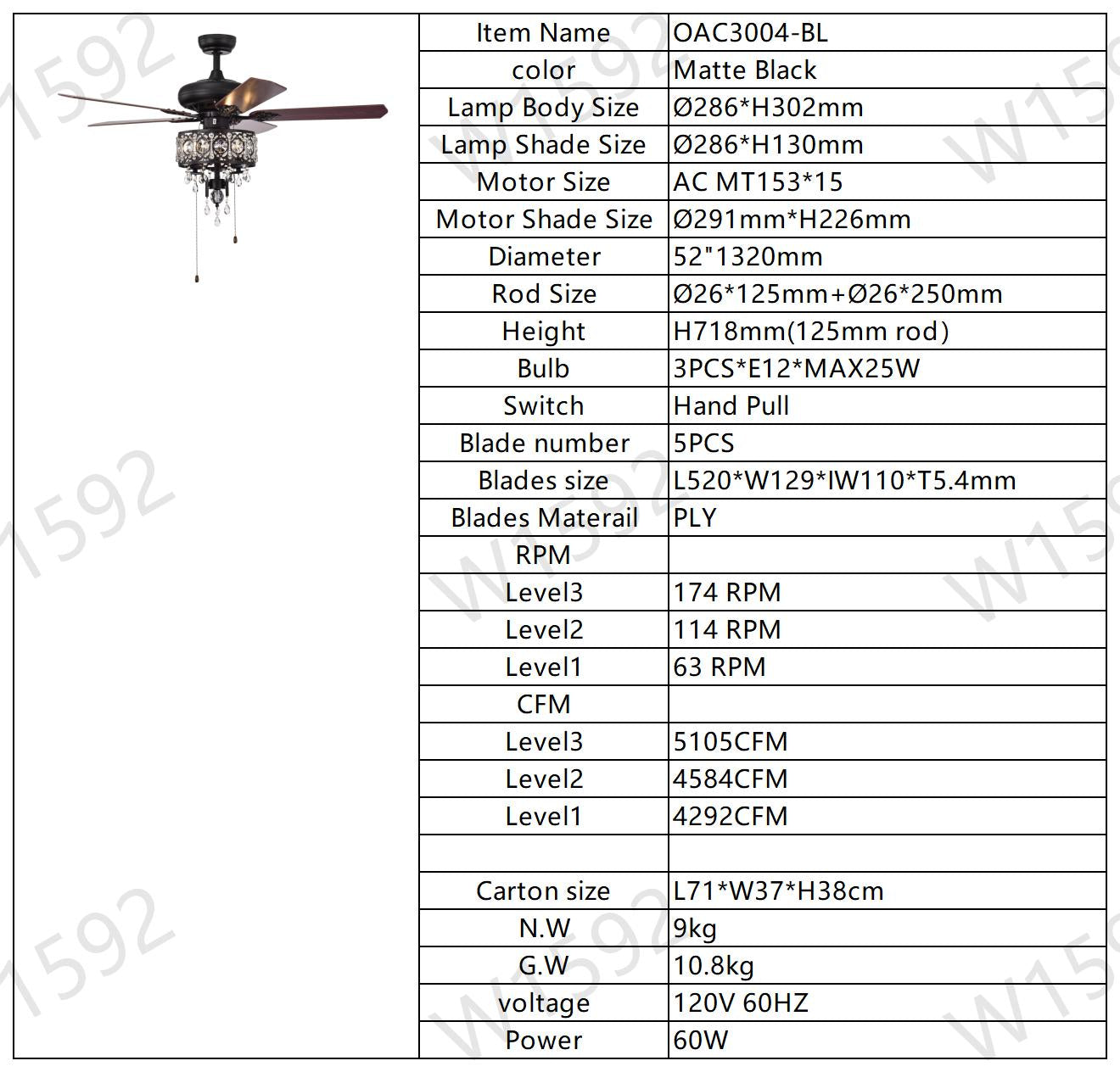 52'' Crystal Shade Ceiling Fan Lamp With Remote Control,3 Speed ,4 Timing , 5 Reversible Blades Crystal Ceiling Fan ,3PCS*E12 (NO Include Bulb) -- Hand Pull Chain