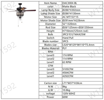 52'' Crystal Shade Ceiling Fan Lamp With Remote Control,3 Speed ,4 Timing , 5 Reversible Blades Crystal Ceiling Fan ,3PCS*E12 (NO Include Bulb) -- Hand Pull Chain