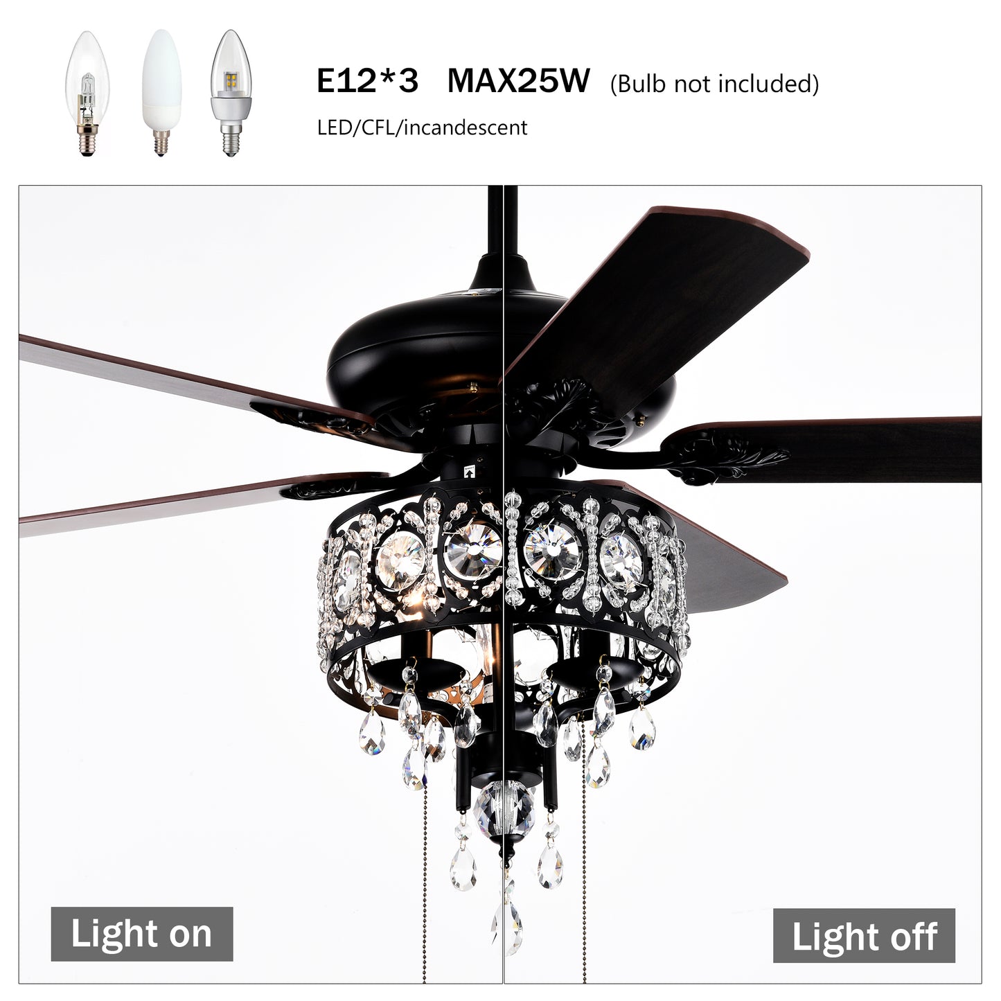 52'' Crystal Shade Ceiling Fan Lamp With Remote Control,3 Speed ,4 Timing , 5 Reversible Blades Crystal Ceiling Fan ,3PCS*E12 (NO Include Bulb) -- Hand Pull Chain