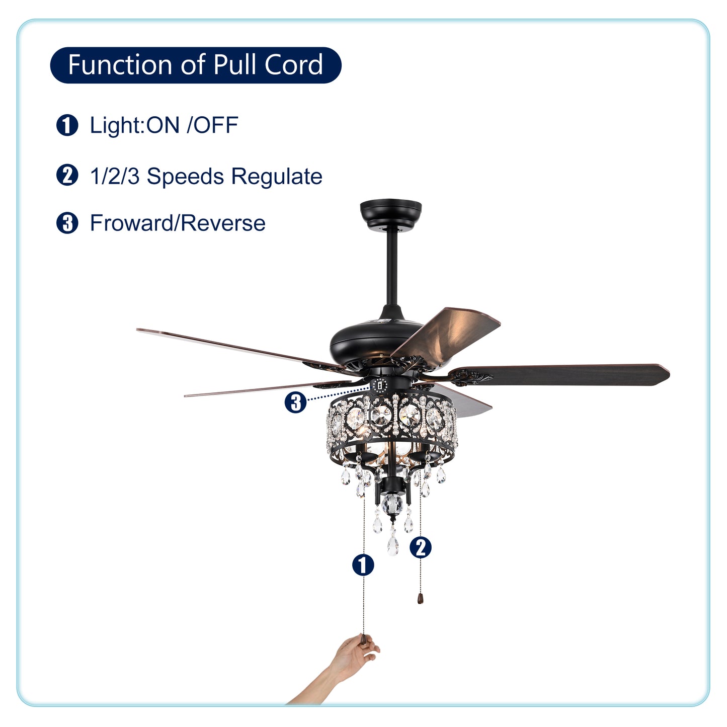 52'' Crystal Shade Ceiling Fan Lamp With Remote Control,3 Speed ,4 Timing , 5 Reversible Blades Crystal Ceiling Fan ,3PCS*E12 (NO Include Bulb) -- Hand Pull Chain