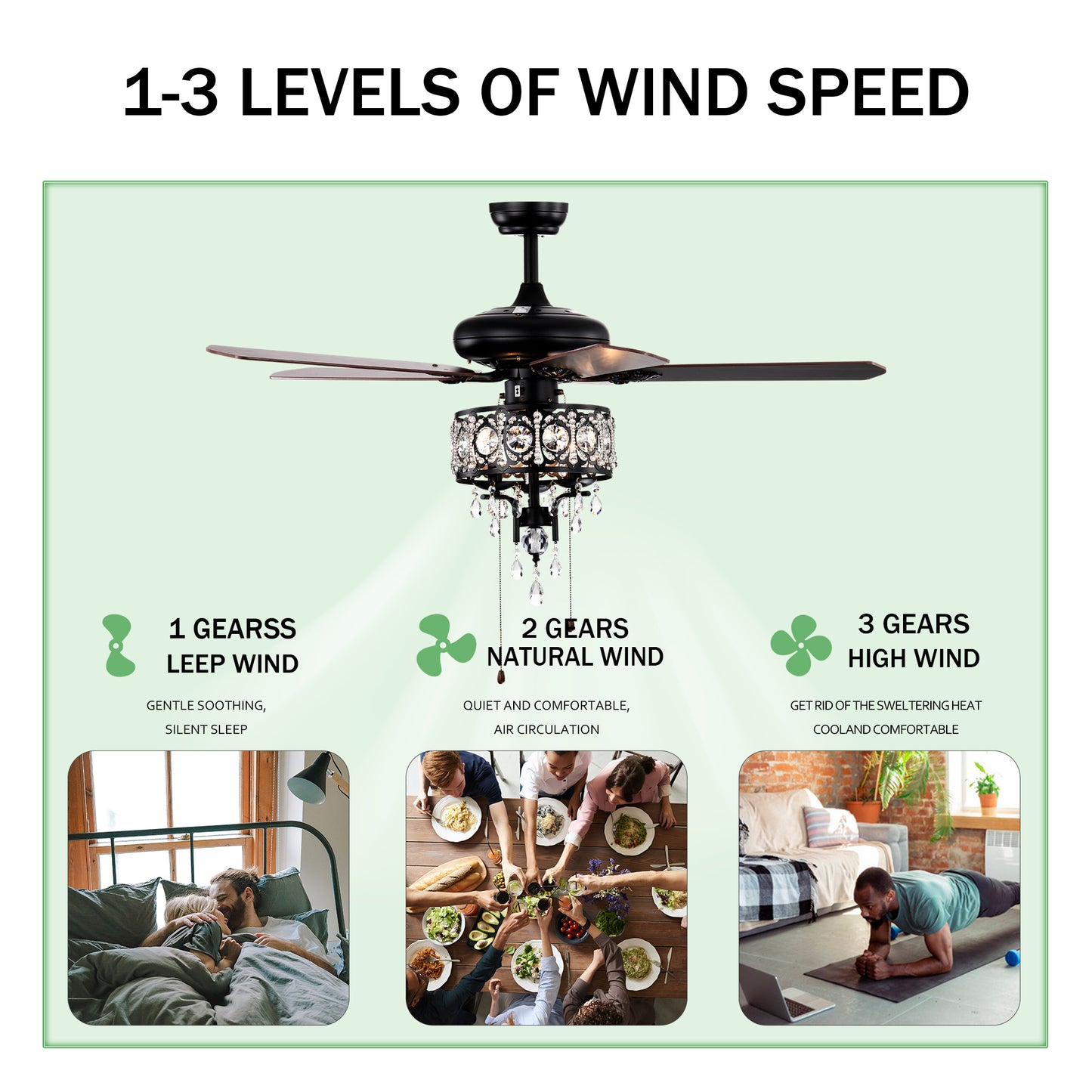 52'' Crystal Shade Ceiling Fan Lamp With Remote Control,3 Speed ,4 Timing , 5 Reversible Blades Crystal Ceiling Fan ,3PCS*E12 (NO Include Bulb) -- Hand Pull Chain