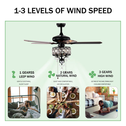 52'' Crystal Shade Ceiling Fan Lamp With Remote Control,3 Speed ,4 Timing , 5 Reversible Blades Crystal Ceiling Fan ,3PCS*E12 (NO Include Bulb) -- Hand Pull Chain