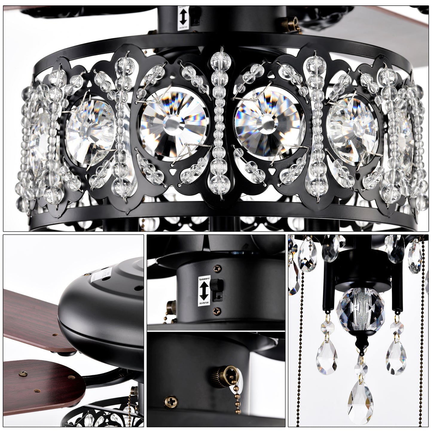 52'' Crystal Shade Ceiling Fan Lamp With Remote Control,3 Speed ,4 Timing , 5 Reversible Blades Crystal Ceiling Fan ,3PCS*E12 (NO Include Bulb) -- Hand Pull Chain